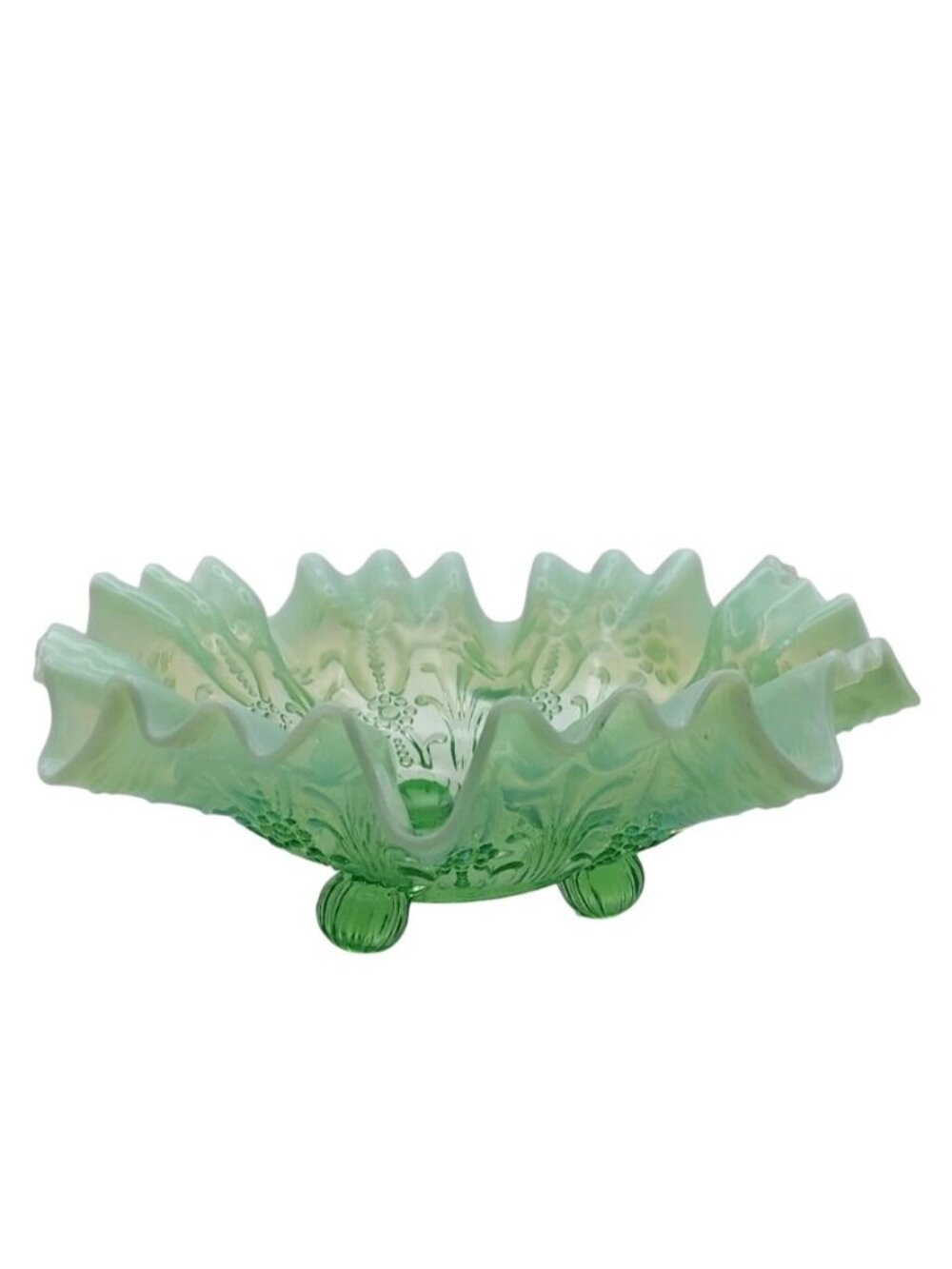 Antique Northwood Pearl and Flower Green Opalescent Ruffled Glass Bowl EAPG 1904
